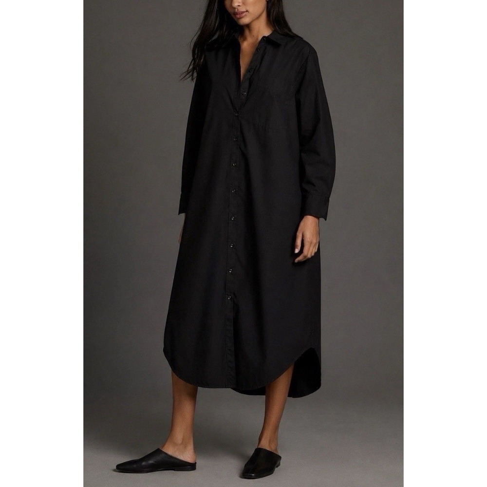 Maeve Anthropologie Soren Black Long Sleeve Cotton Midi Shirt Dress M Minimalist